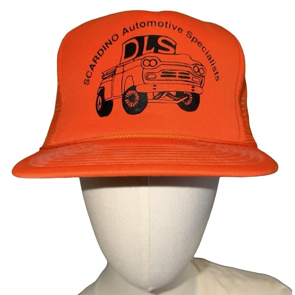 vintage orange trucker hat.‎ graphic  "Scardino Automotive Specialists" San Sun